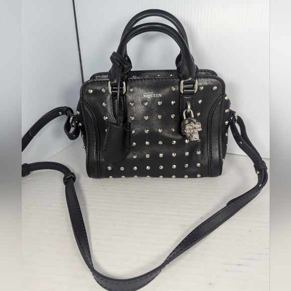 Alexander McQueen Handbags - Alexander McQueen Black Studded Leather Mini Skull Padlock Zip Satchel Bag